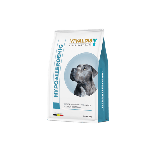 Vivaldis Veterinary Diets hypoallergenic dog food package on a green background