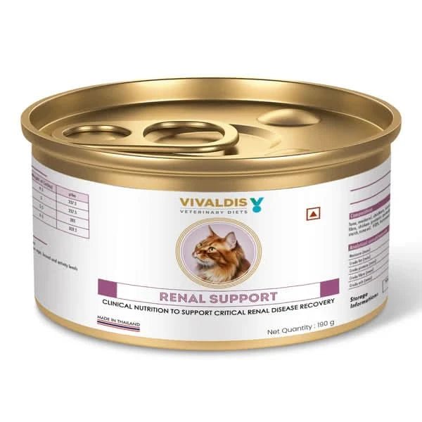 Vivaldis Veterinary Diets renal support cat food can on a white background