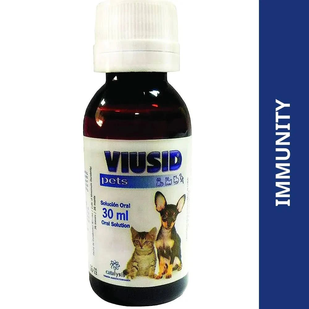 Viusid pets immunity solution bottle with images of a cat and dog on a white background