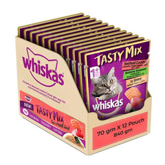 Whiskas Tasty Mix cat food packaging with multiple pouches displayed.