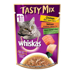 Whiskas Tasty Mix cat food package with a purple background and cat illustration.