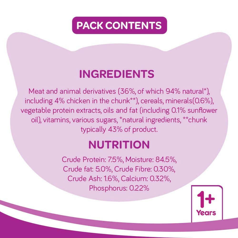 Cat-shaped label with ingredients and nutrition information on a white background