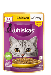 Whiskas cat food packet with chicken in gravy on a white background