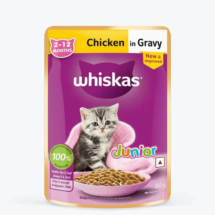 Whiskas Junior cat food packet with a kitten on a white background