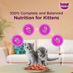 Two kittens near a plate of food with Whiskas branding and nutrition information.