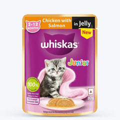 Whiskas Junior cat food pouch with a kitten on a white background