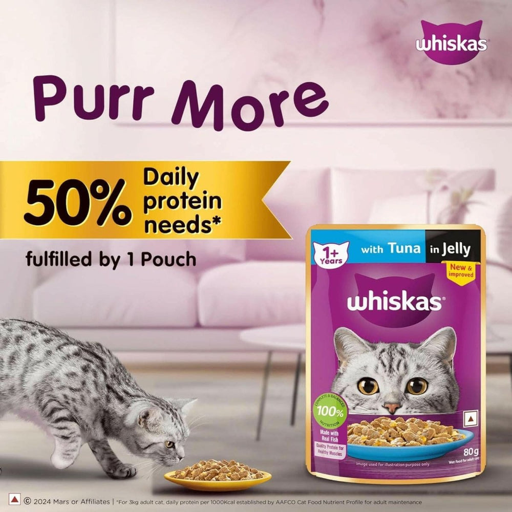 Whiskas cat food packaging with a cat and promotional text on a blurred indoor background