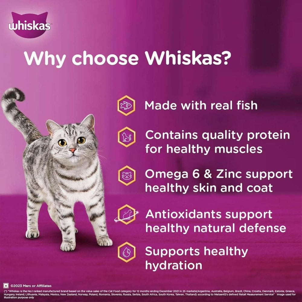 Whiskas cat food advertisement with a cat on a purple background