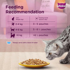 Feeding recommendation chart for Whiskas cat food with a cat looking at a bowl of food.
