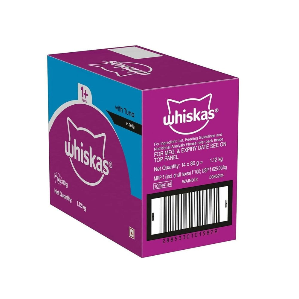 Whiskas cat food packaging with purple and blue design on a white background