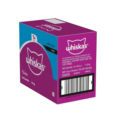 Whiskas cat food packaging with purple and blue design on a white background
