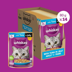 Whiskas cat food packaging with tuna in jelly on a purple background