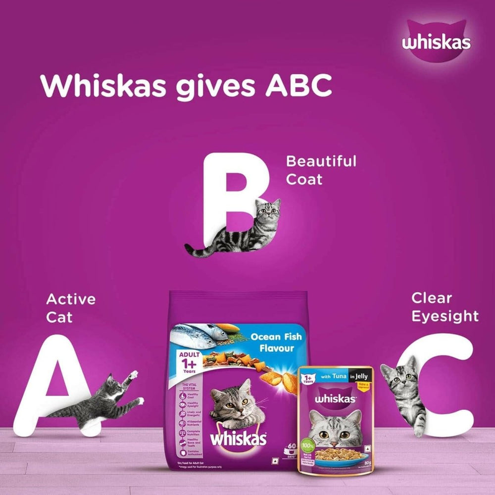 Whiskas cat food packaging with promotional text on a purple background