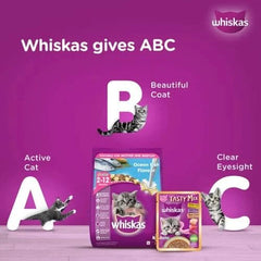 Whiskas cat food packaging with promotional text on a purple background