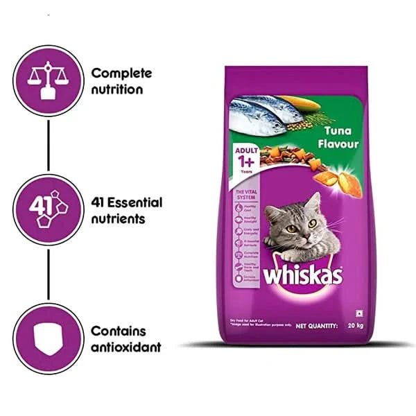 Purple package of Whiskas Tuna Flavour cat food with nutritional information on a white background