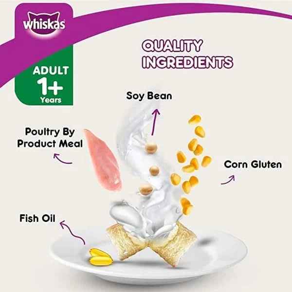 Whiskas cat food packaging with ingredients labeled on a white background