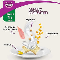 Whiskas cat food packaging with ingredients labeled on a white background