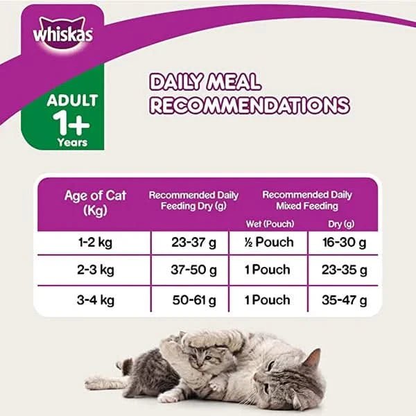 Whiskas daily meal recommendations chart for adult cats on a white background