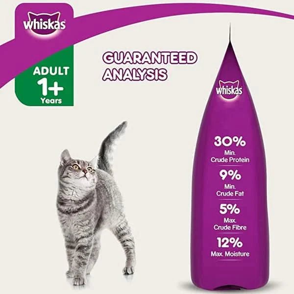 Whiskas cat food packaging with a cat on a white background