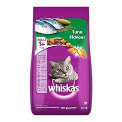 Purple package of Whiskas Tuna Flavour cat food on a white background