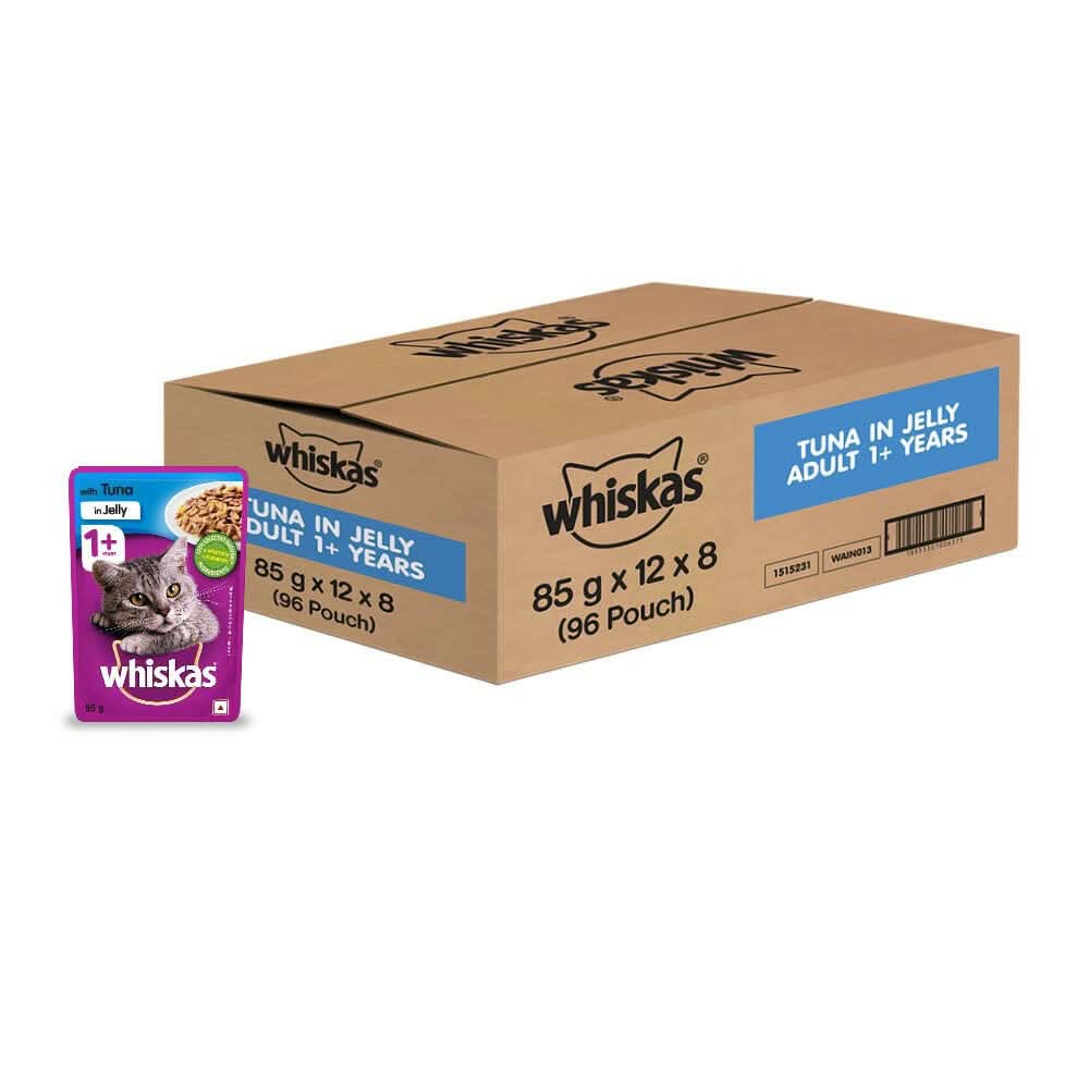 Box of Whiskas tuna in jelly cat food with a smaller pouch on a white background