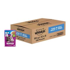 Box of Whiskas tuna in jelly cat food with a smaller pouch on a white background