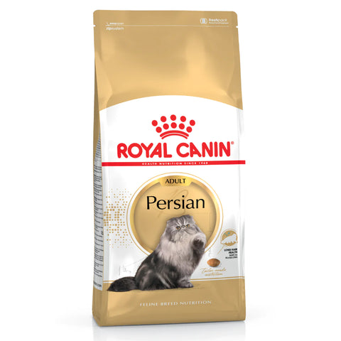 A bag of Royal Canin Persian Adult Dry Cat Food with a picture of a Persian cat on the front.
