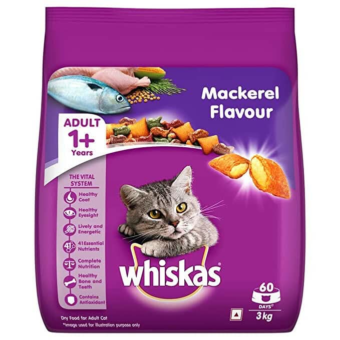 Purple package of Whiskas Mackerel Flavour cat food with a cat on the label.