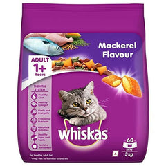 Purple package of Whiskas Mackerel Flavour cat food with a cat on the label.