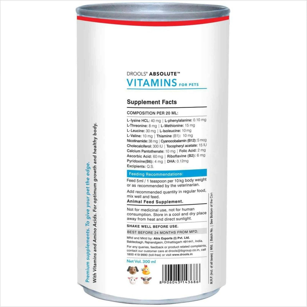 Drools Absolute Vitamin Syrup Supplement for Dogs - 300ml - dspetstore.com