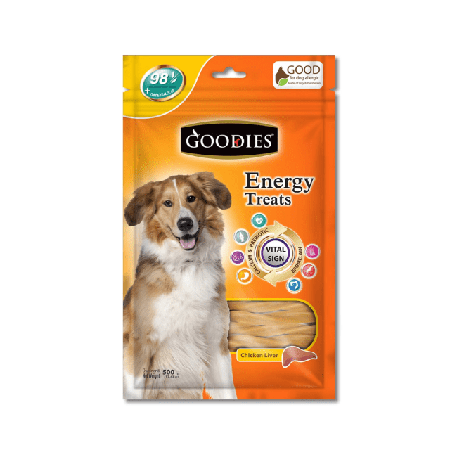 Goodies Energy Treats packaging for dogs with a dog on the label against a green background
