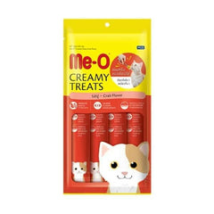 Pack of me-o creamy cat treats with a yellow and red design on a white background