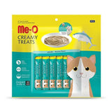 Packaging of me-o creamy treats for cats with a cat illustration on a yellow and blue background.