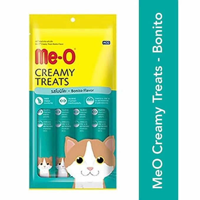 Me-O Creamy Treats packaging with a cat illustration on a white background