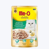 Cat food pouch with 'me-o' branding on a white background