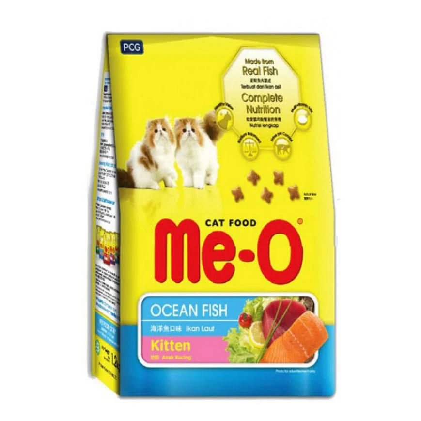 Me-O cat food package for kittens with ocean fish flavor on a white background