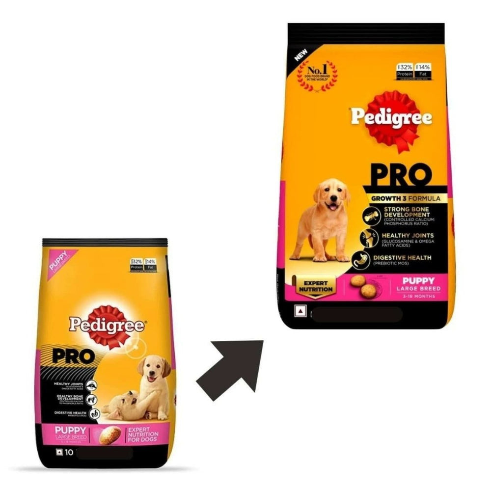 Two packages of Pedigree Pro Puppy food for large breeds on a white background