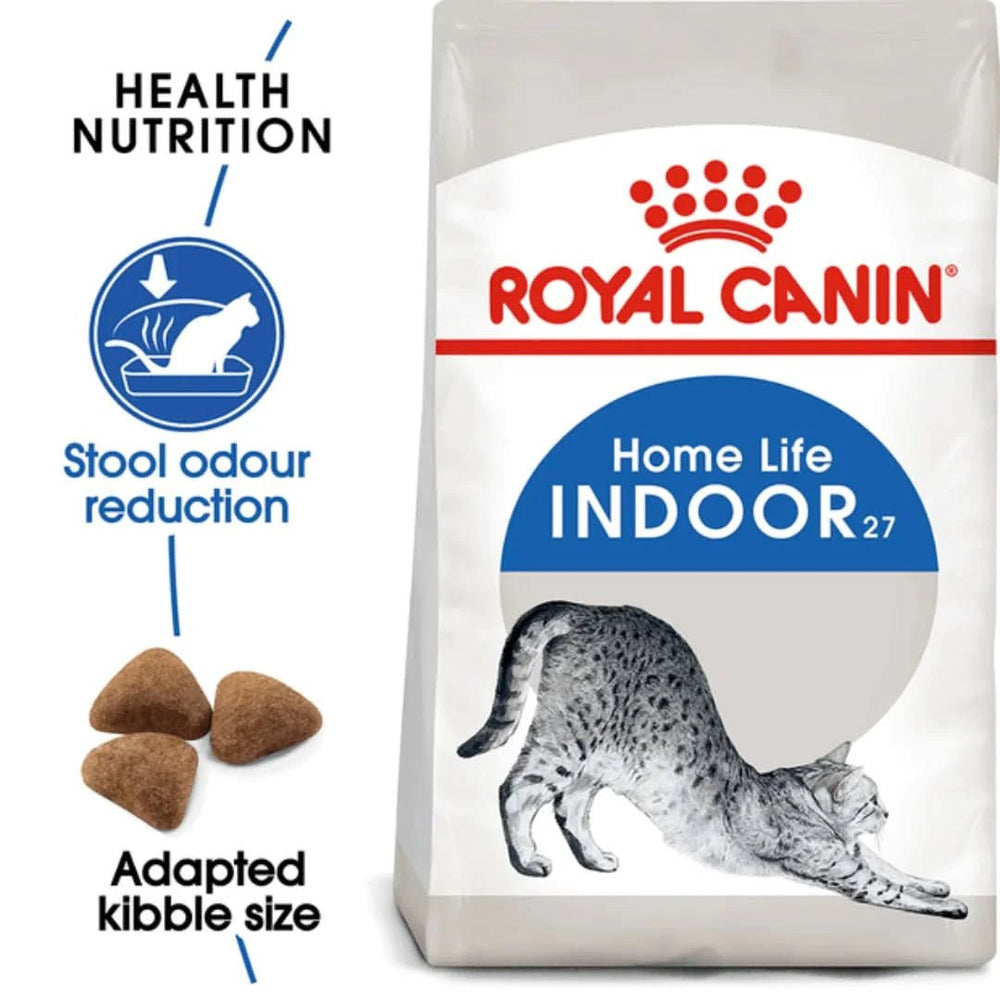 Royal Canin Home Life Indoor 27 cat food bag with text highlighting features