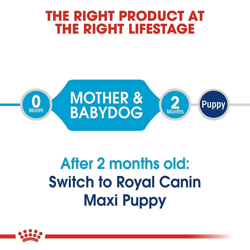 Royal Canin pet food transition chart for mother and baby dog to puppy stages.