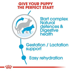 Advertisement for a pet product with text about giving a puppy a perfect start, featuring images of dogs and text about health benefits.
