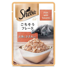 Sheba cat food package with a bowl of fish and sasami on a white background
