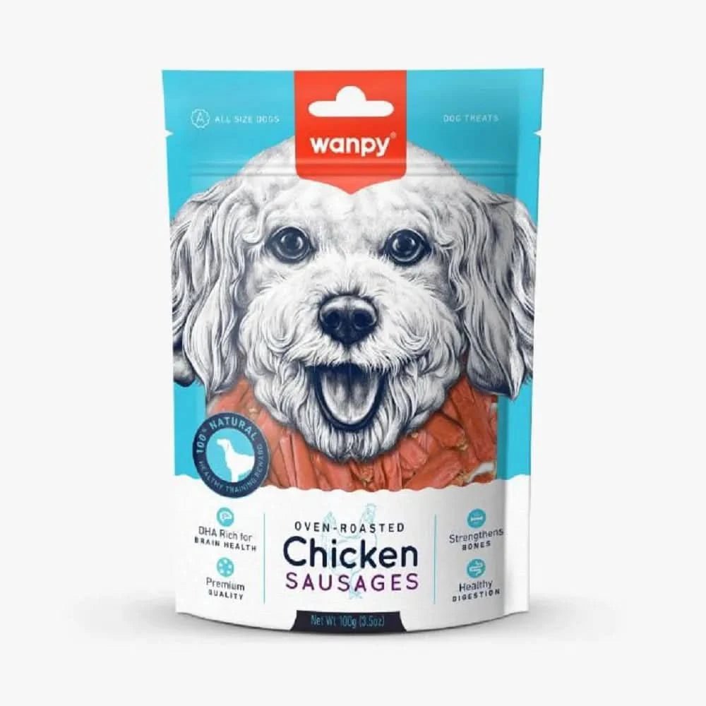 Wanpy Oven-Roasted Chicken Sausages packaging for dogs on a white background