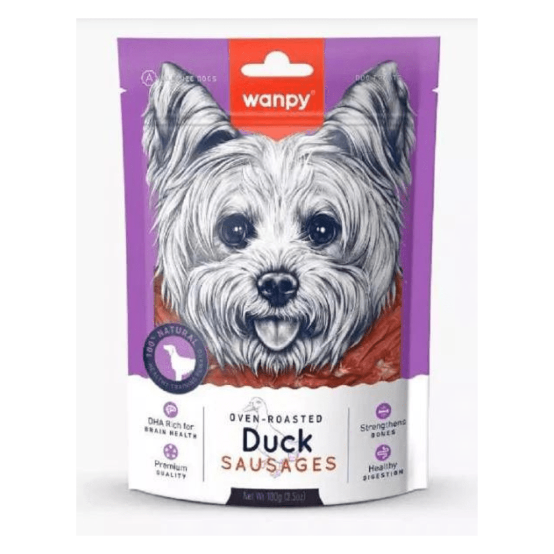 Wanpy oven-roasted duck sausages packaging with a dog illustration on a white background