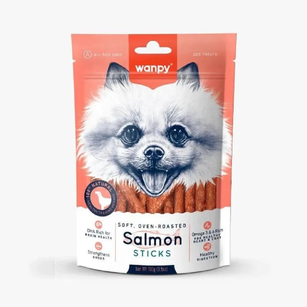 Package of wanpy Salmon Sticks dog treats with a white background