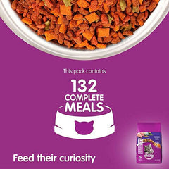 Cat food packaging with a purple background and text about complete meals.