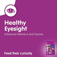 Purple background with text about Whiskas cat food for healthy eyesight and enhanced vitamin A.
