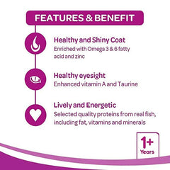 Features and benefits of a pet food product on a white background with purple text and icons.