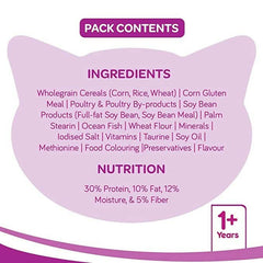 Cat food packaging with ingredient list and nutrition details on a purple background