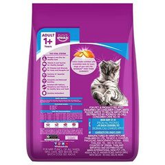 Purple package of Whiskas cat food for adult cats with a cat illustration on a white background