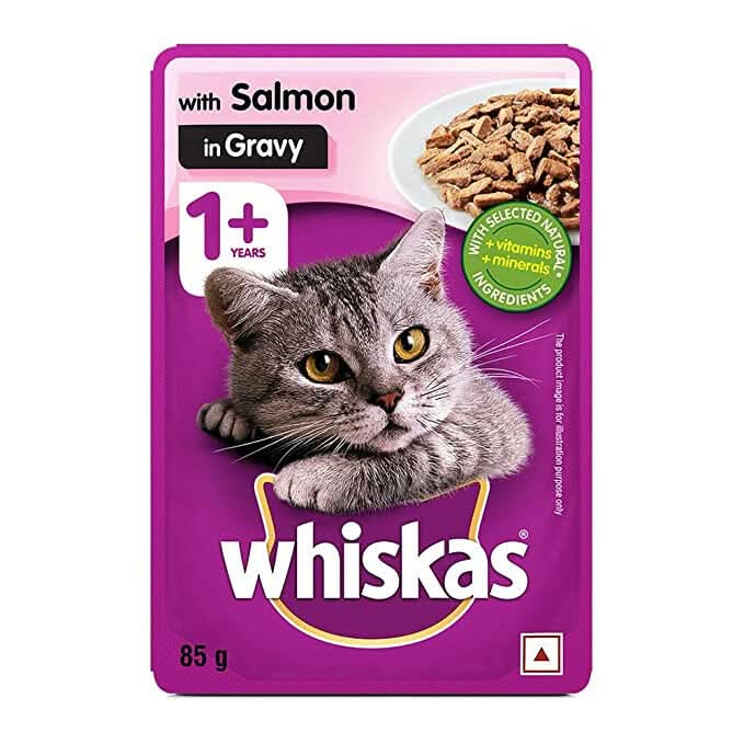Whiskas cat food packet with salmon in gravy on a white background